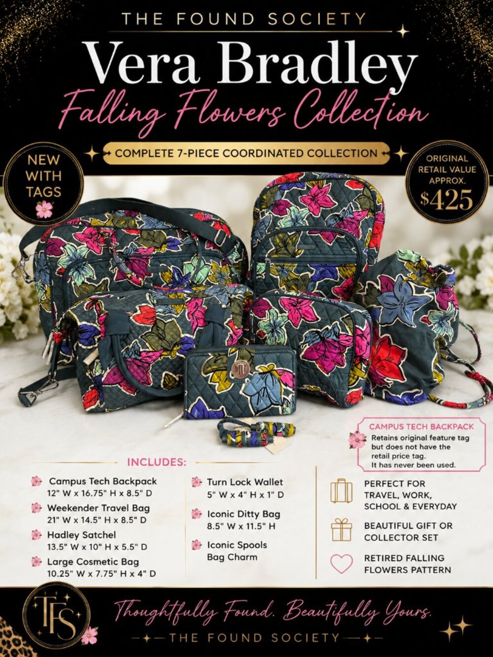 Vera Bradley Falling Flowers 7 Pc Set NWT Weekender Backpack Hadley Satchel